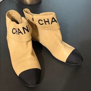 CHANEL Tan and Black Ankle Boots